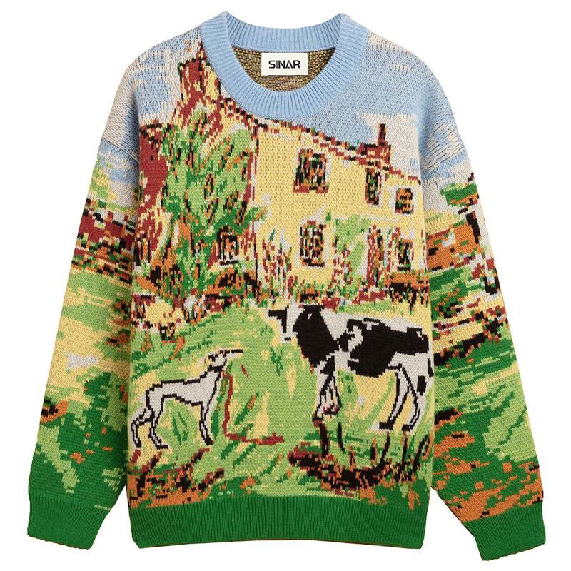 Custom LOGO OEM Men Sweater Jacquard Pattern Knitwear Winter Pullover Jumpers Casual Cotton Knitted Top Custom Crew Neck Sweater