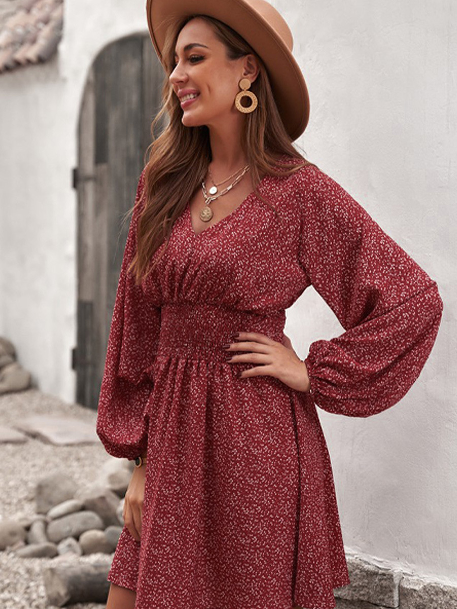 Hot Sale Women's Long Sleeve Pleated Waist Dress with V-Neck Pullover Slim Fit Skirt Digital Printing