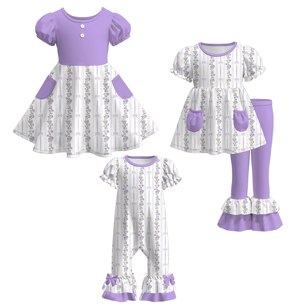 Preorder MOQ 5 Small Flowers Bows Little Girls Outfits Dress Romper Wholesale Sisters Summer Children Clothing Boutique Clothes