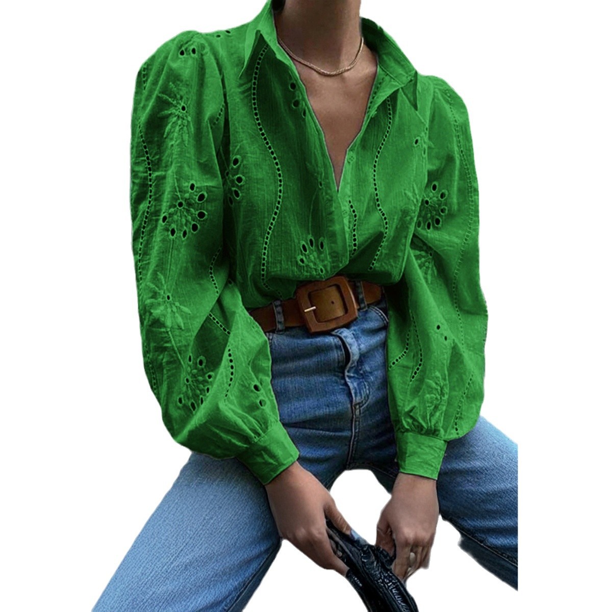 2026 Women's Loose Fashion Cotton Lace Top Spring Summer Bubble Sleeve Blouse Shirt Button up Tops