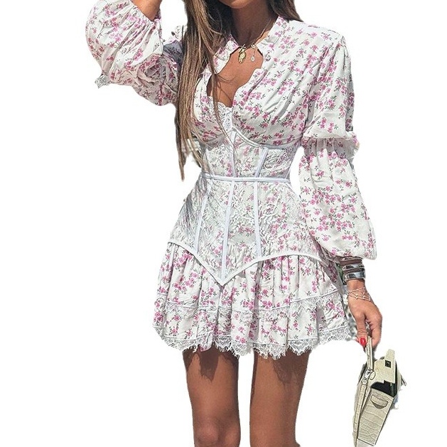 New Sweet Little Fresh Printed Waisted Sleeve Women's Short Lace Dresses Fashion