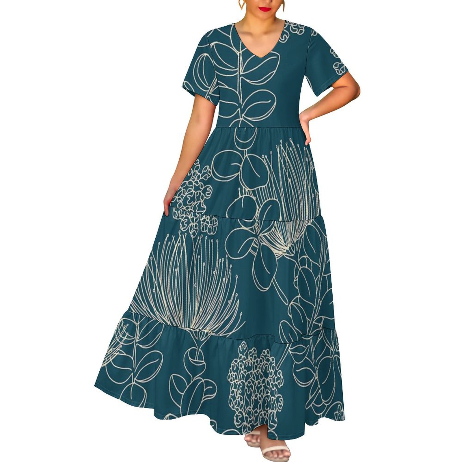 Hawaii Hot Puakenikeni Design Women's Short-sleeved Layered Dress Custom Deep V Neck Casual Elegant Ladies Long Dress