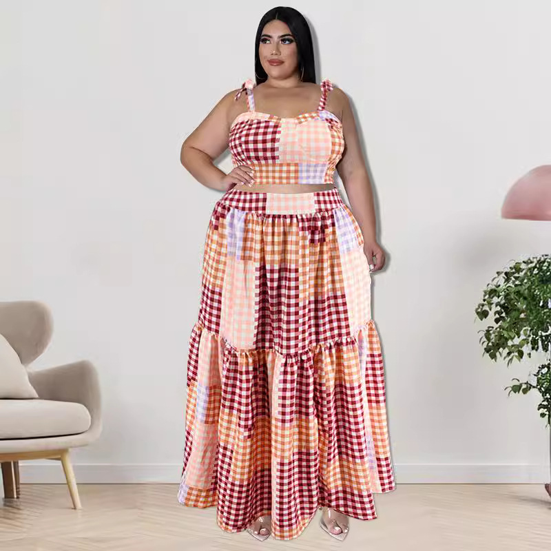 218116 European and American plus-size women's clothing, new summer plaid camisole top with large hem skirt, new product
