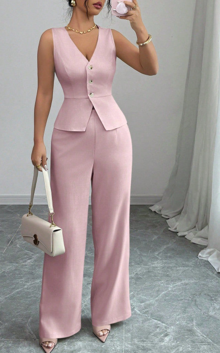 Women Elegant V Neck Collarless Office Suit Formal Business Vest Wide Leg Pants Set Stretch Woven Full Length OL Workwear