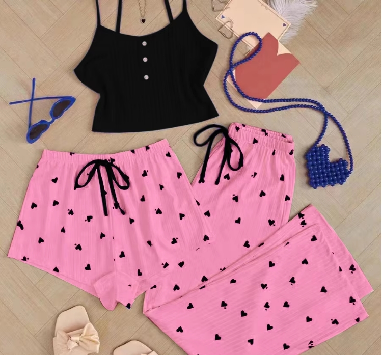 Women's Sleepwear Sexy Solid Cami Top Flower Print Shorts Pants Home Wear Pajamas Set Korean Sexy Soft Milk Silk 3in1 Nightwear