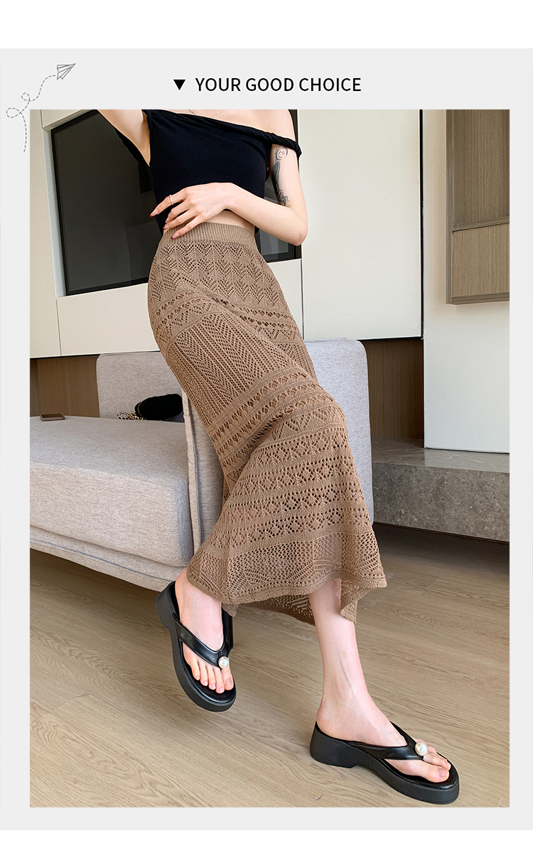 Women's Spring Summer A-Line Casual Breathable Natural Waist Midi Skirt Solid Lace Knitted Design Apricot Color Dushan
