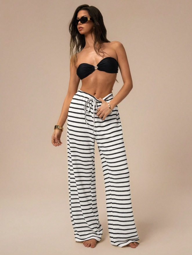 Wholesale Women's Slim Straight Leg Casual Trousers Fashion Color Contrast Horizontal Stripes Cross-Border Pants