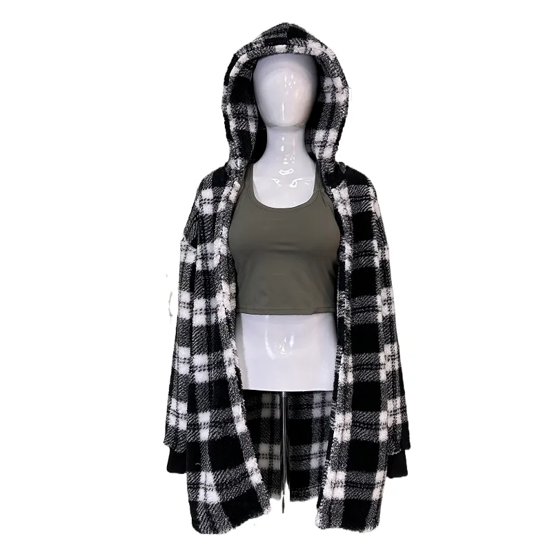 Winter Plush Women's Coat New Style Long Sleeved Checkered Hooded Loose Coat Women's Outerwear