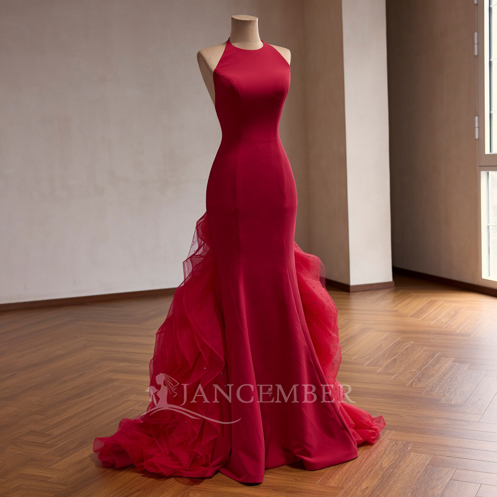 Rsm251077 Elegant Red Halter Evening Dress Sleeveless Ruffles Customizable Prom Gown Jancember