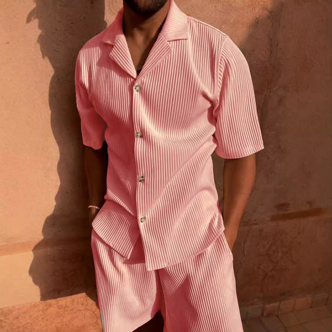 Men's Summer Solid Color Corduroy Casual Shirt Sets Comfortable Outfits for Daily Wear