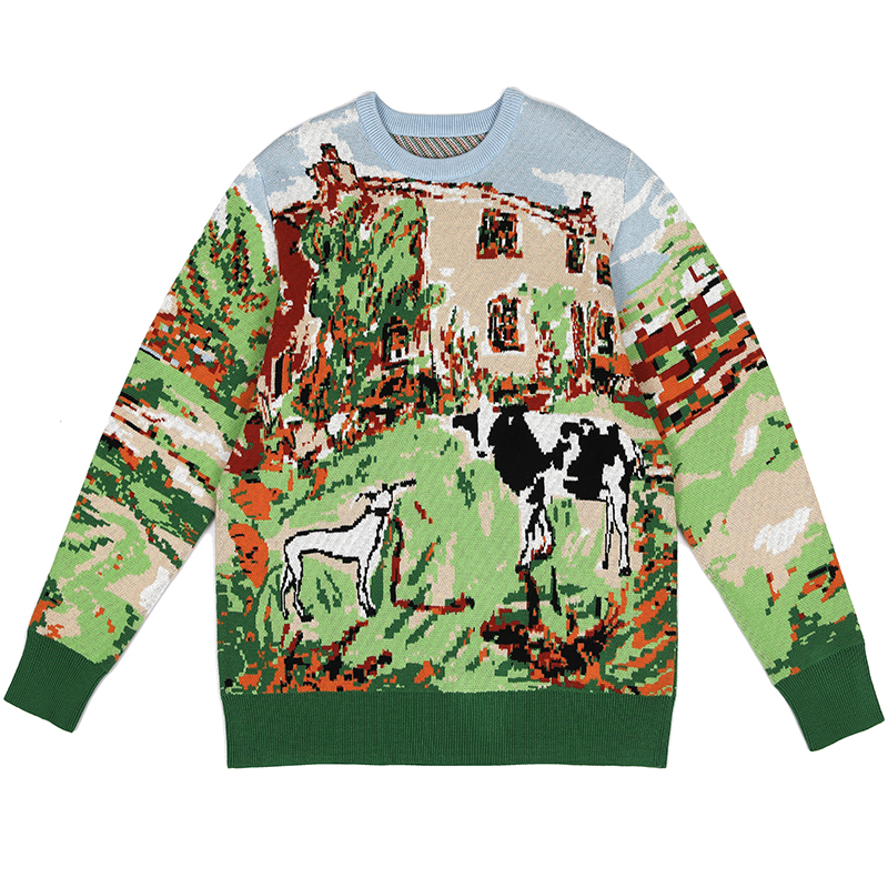 Custom LOGO OEM Men Sweater Jacquard Pattern Knitwear Winter Pullover Jumpers Casual Cotton Knitted Top Custom Crew Neck Sweater