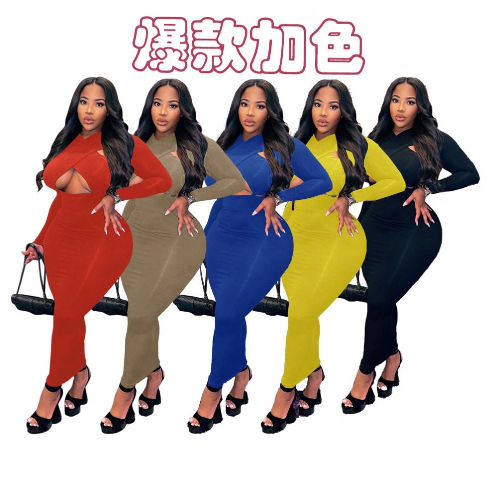 L-4XL Autumn and Winter Clothing Cross-wrapped Long-sleeved Solid Color Casual Fashion Dress Ladies Plus Size Women's Clothing