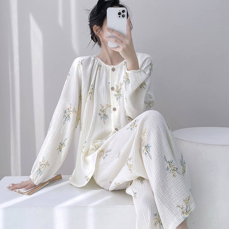 New Chinese Cotton Knitted Women's Pajamas Summer Spring Autumn Double Gauze Guofeng V-neck Full Length Long Sleeve Floral