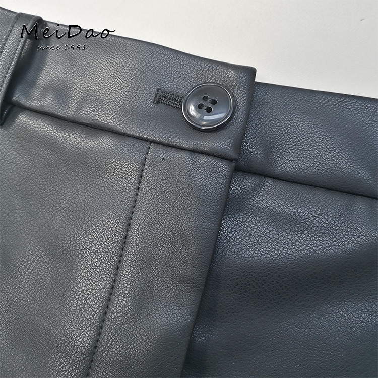 MEIDAO-040434 Women Petite Black Faux Leather Midi Skirt