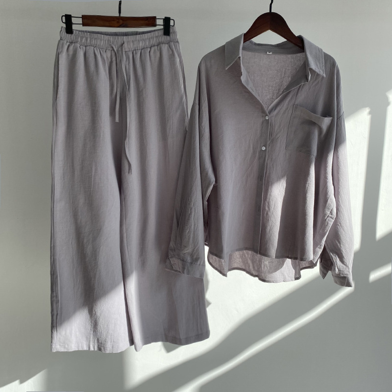 Spring Fall Ladies Pants 2 Piece Retro Plus Size Women Clothing High Waist Loose Trousers Cotton Linen Shirt Women's Sets