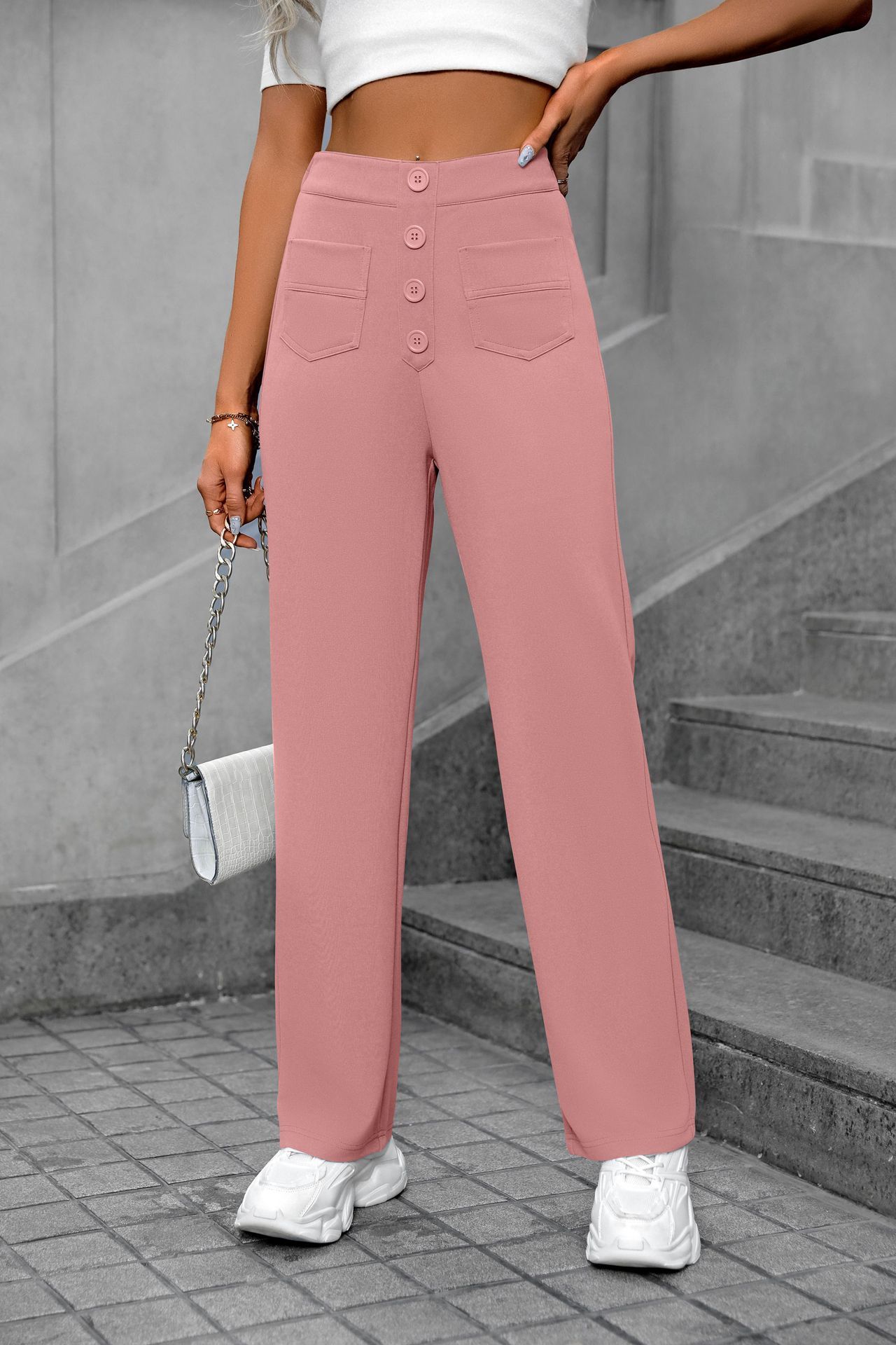 Women's Vintage High Waist Straight Pants with Button Pockets Loose Wide Leg Fashionable Anti-Wrinkle Trousers