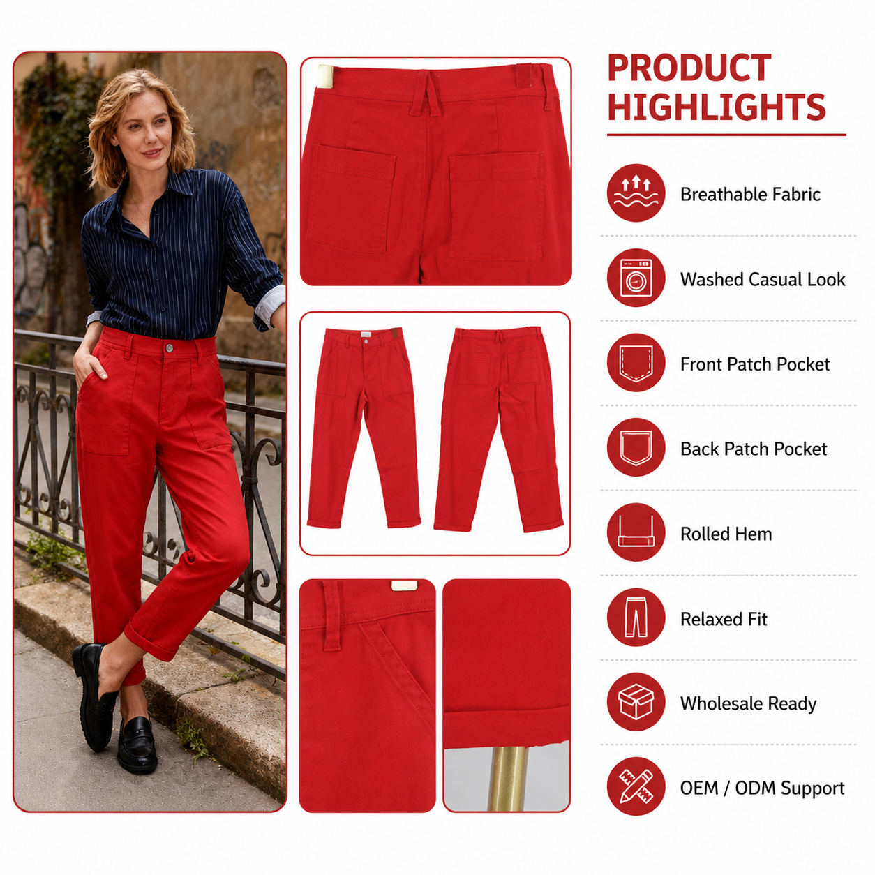 New Women's Casual Breathable Washed Mid Waist Patchwork Regular Fit ODM Trousers