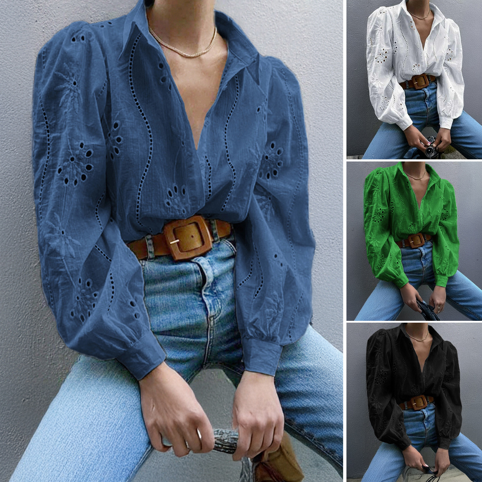 2026 Women's Loose Fashion Cotton Lace Top Spring Summer Bubble Sleeve Blouse Shirt Button up Tops