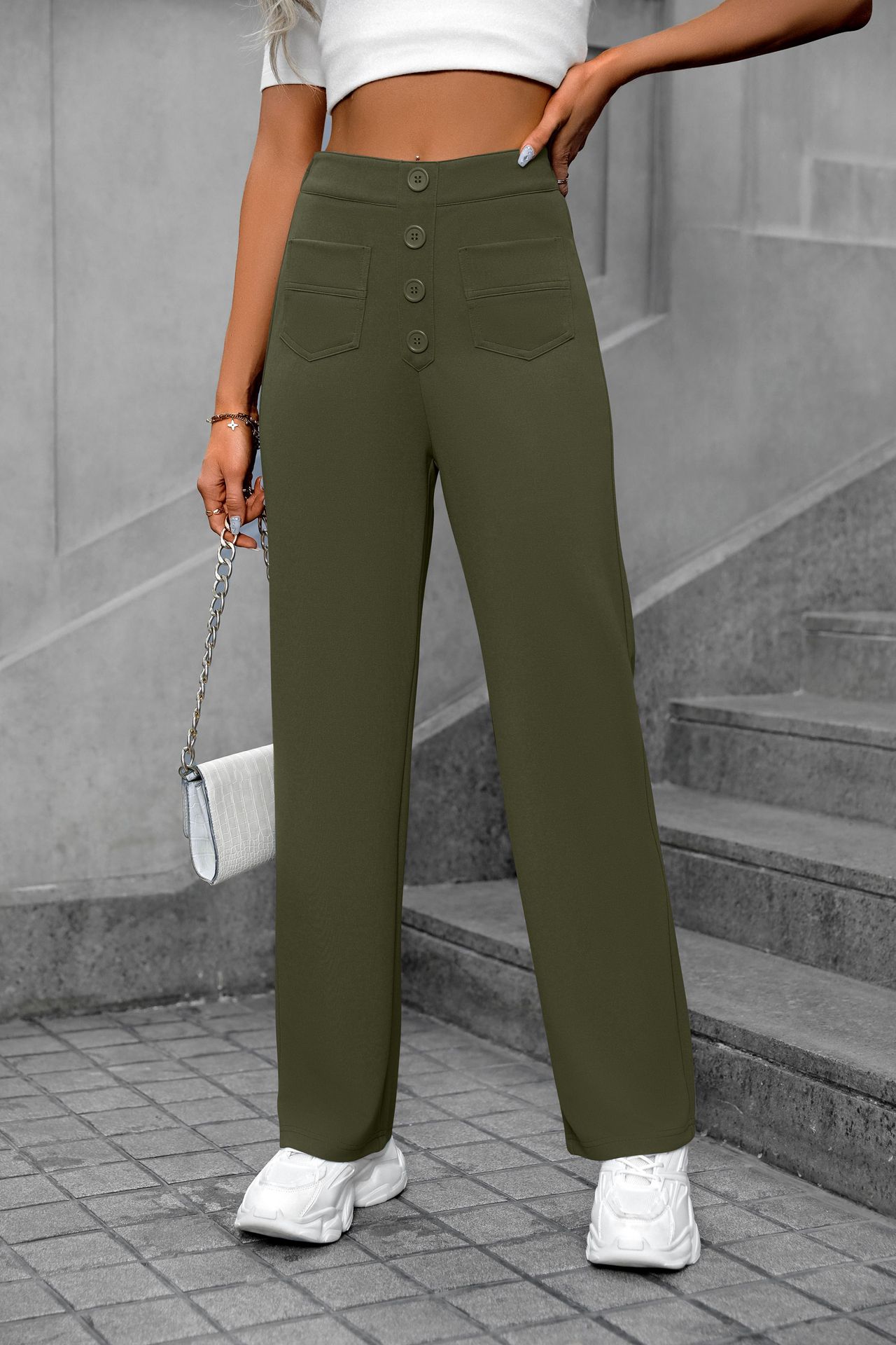 Women's Vintage High Waist Straight Pants with Button Pockets Loose Wide Leg Fashionable Anti-Wrinkle Trousers