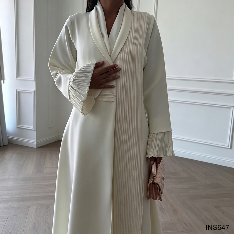 Elegant Cream White Pleated Abaya Kimono for Modest Fashion