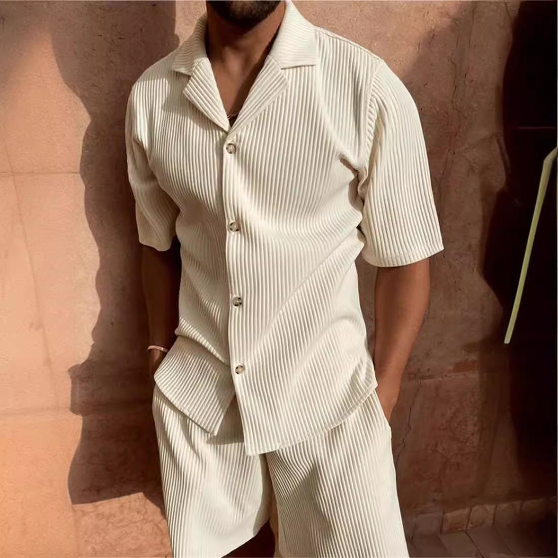 Men's Summer Solid Color Corduroy Casual Shirt Sets Comfortable Outfits for Daily Wear