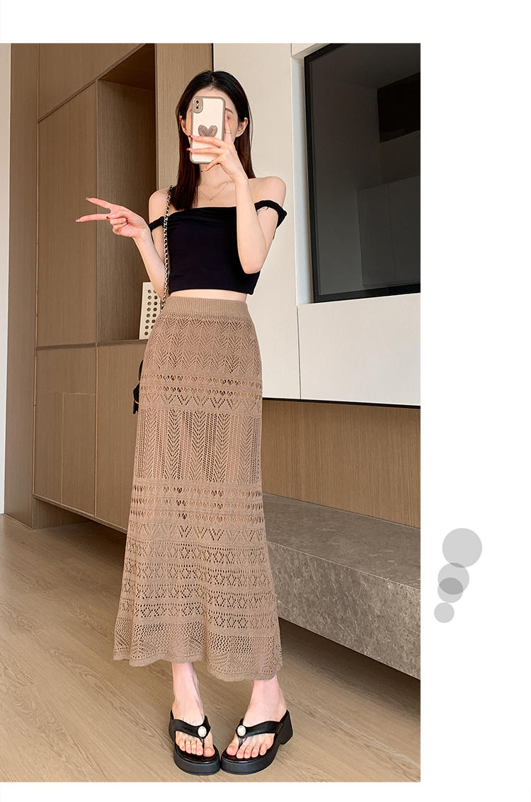 Women's Spring Summer A-Line Casual Breathable Natural Waist Midi Skirt Solid Lace Knitted Design Apricot Color Dushan