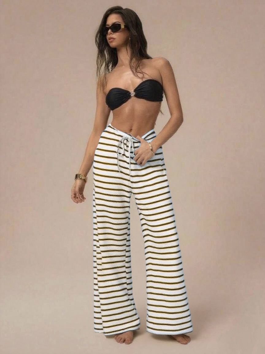 Wholesale Women's Slim Straight Leg Casual Trousers Fashion Color Contrast Horizontal Stripes Cross-Border Pants