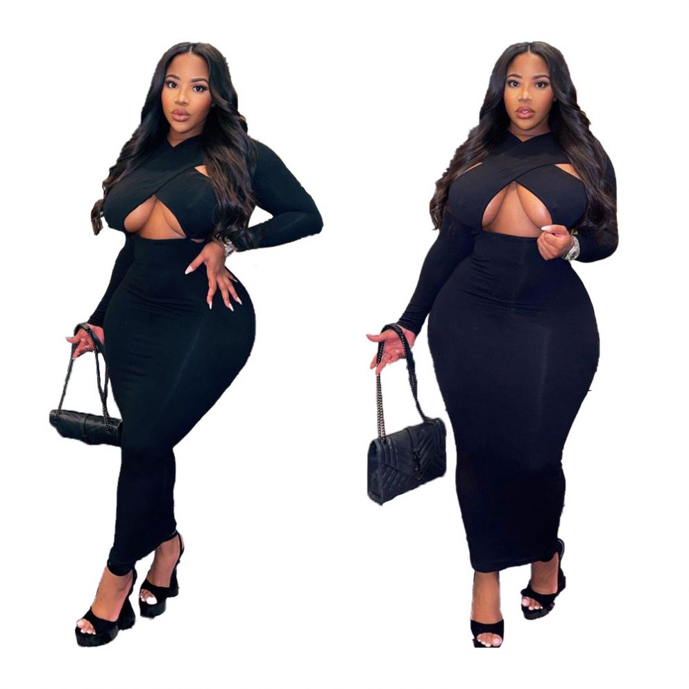 L-4XL Autumn and Winter Clothing Cross-wrapped Long-sleeved Solid Color Casual Fashion Dress Ladies Plus Size Women's Clothing