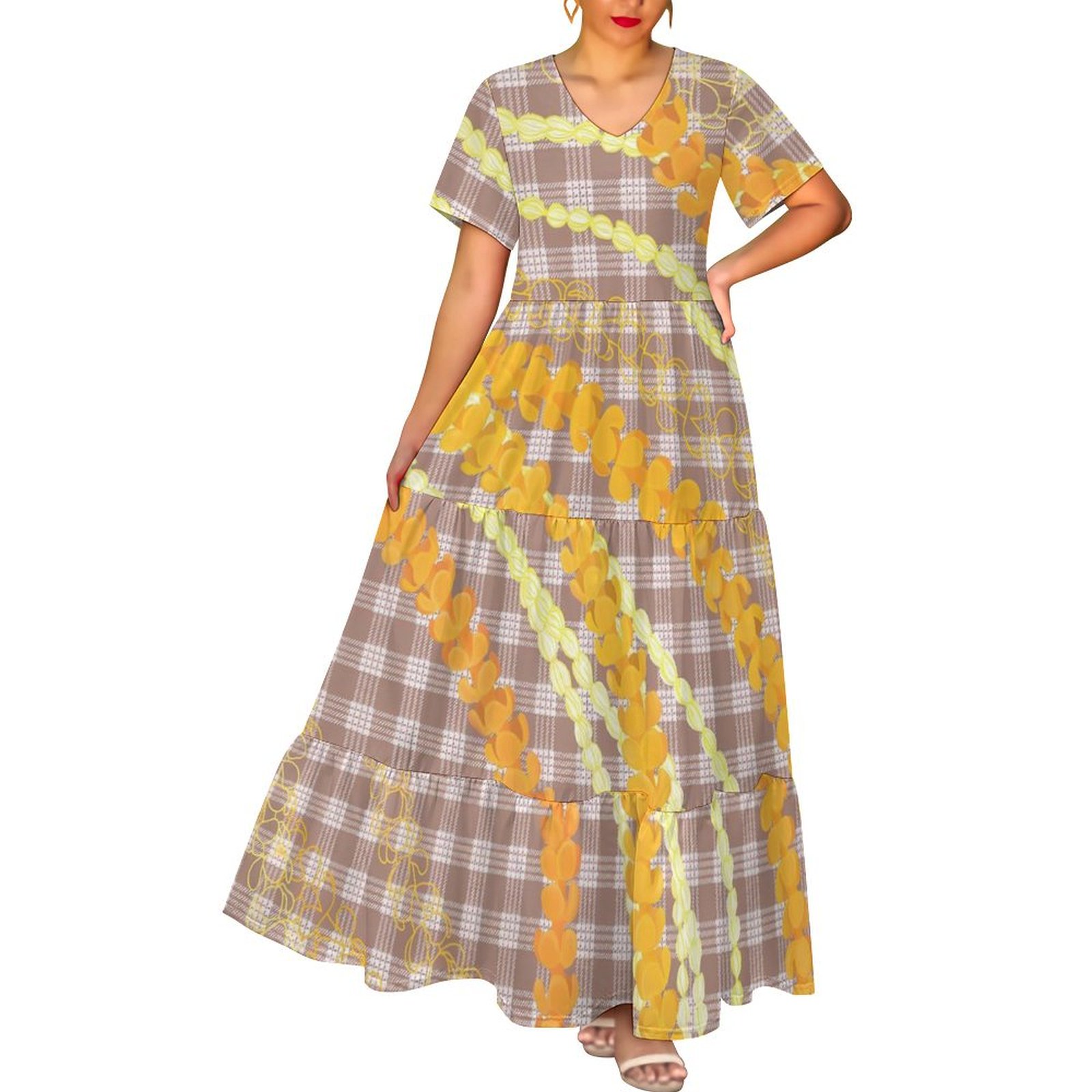 Hawaii Hot Puakenikeni Design Women's Short-sleeved Layered Dress Custom Deep V Neck Casual Elegant Ladies Long Dress