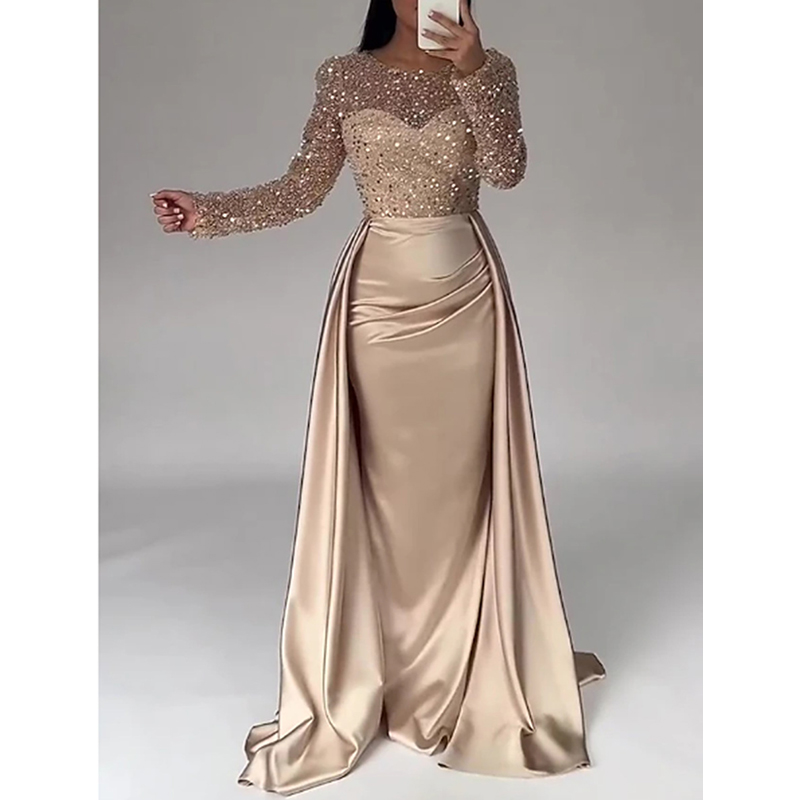 Women's Long Sleeve Elegant Socialite Sequin Evening Dress Luxury Formal Gown for Banquet Annual Meeting Party Host Even