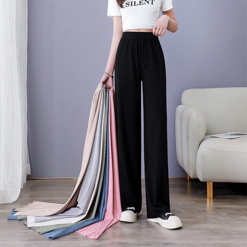 Wholesale Summer Loose High Waist Elastic Ice Silk Wide Leg Pants Women's Solid Color Pants Casual Trousers