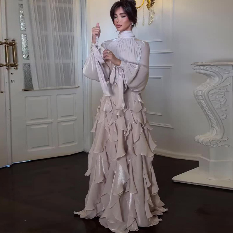 SHENGFU Luxury Silver Evening Gown for Women Slim Fit Formal Dress for Wedding and Office Wear