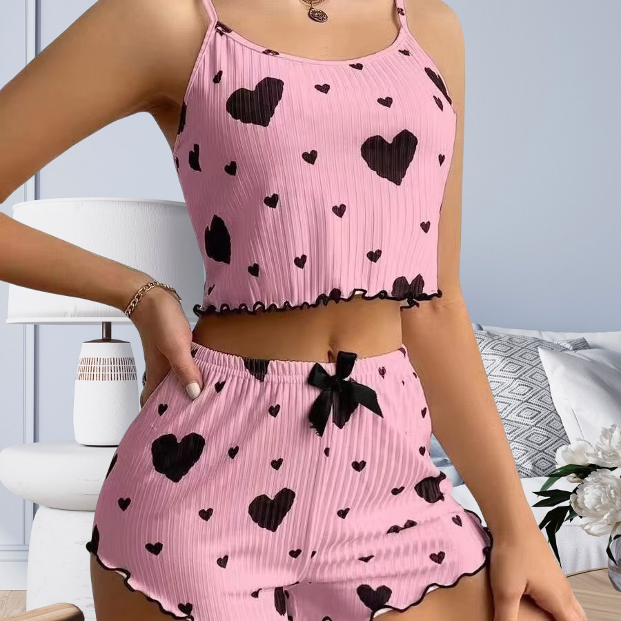 Hot-Selling Cross-Border Women's Casual Short-Pocket Pajamas V-Neck Love Printed Quick Dry &amp; Sexy for European &amp; American Women