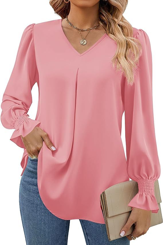 2024 High Quality Women's New Solid Color Chiffon Shirt V-neck Pullover Flared Long Sleeved Top Custom Shirt OEM
