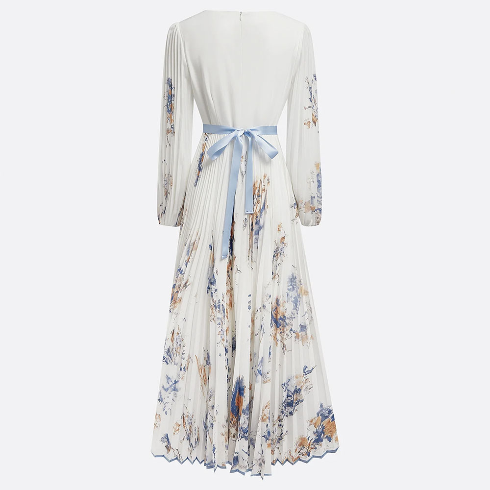 Premium Spring New Ethnic Print Dress Women's Lace-up Floral Pattern Tight Waist Puff Sleeve Large Swing V-neck Casual Dress