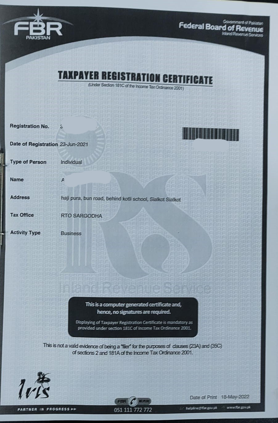 Taxpayer Certificate