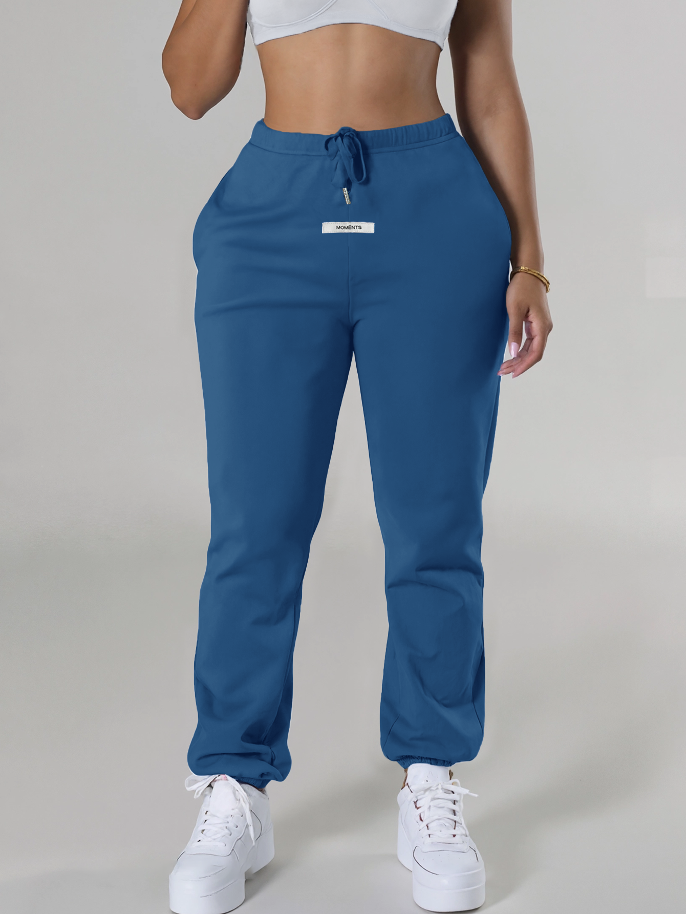 Women's Relaxed Style Cuffed Pants - Light Hazy Blue High-Waisted Drawstring Trousers for Daily Wear
