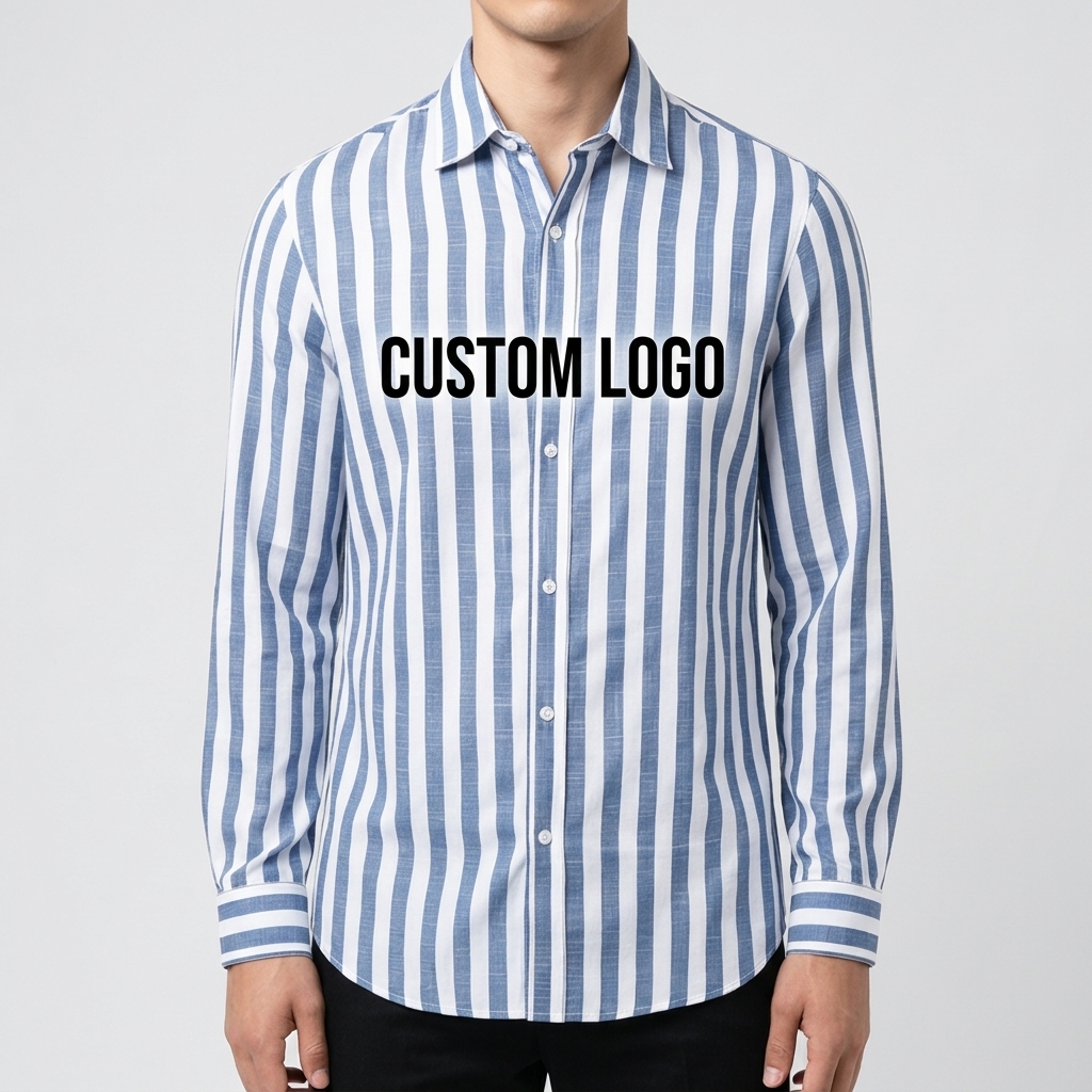 Custom New Men's Beaded Cotton Long Sleeve Striped Lapel Casual Shirt Blue Office Workwear Style Wear-resistant Moisture Wicking