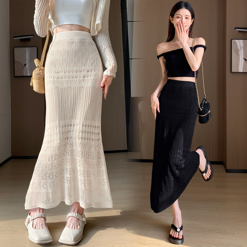 Women's Spring Summer A-Line Casual Breathable Natural Waist Midi Skirt Solid Lace Knitted Design Apricot Color Dushan