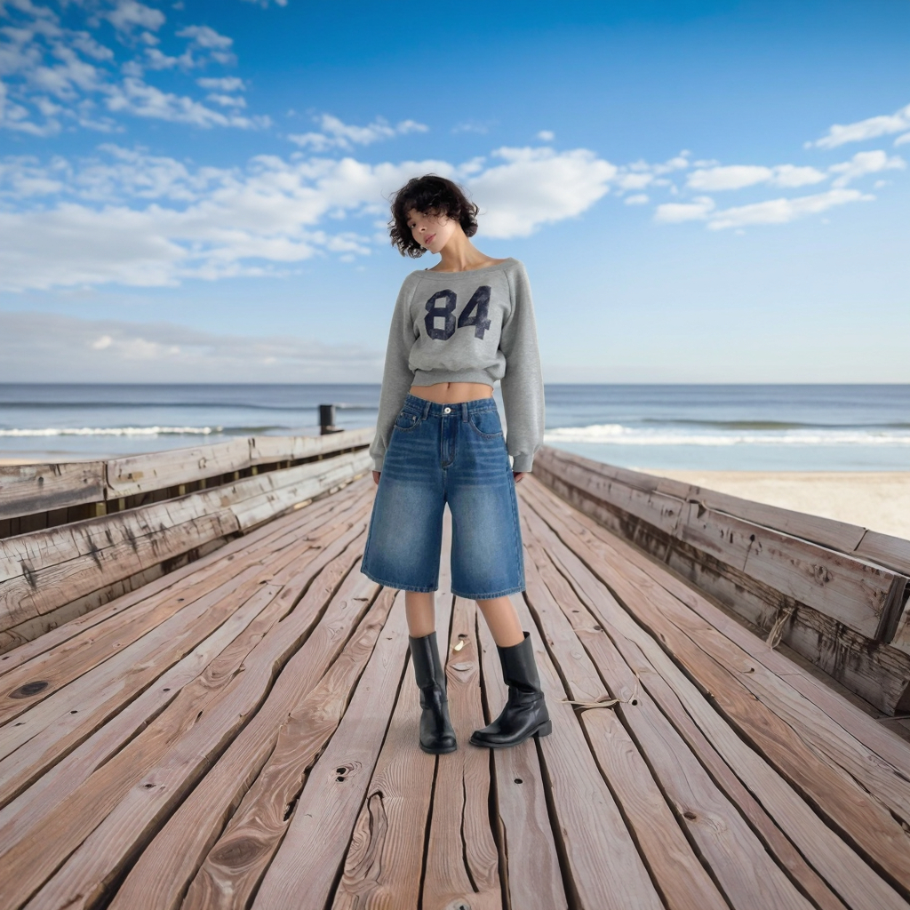 Korean Style Summer Pants Breathable Loose Jeans Front Logo Washed Black Petite Mid-Length Pants