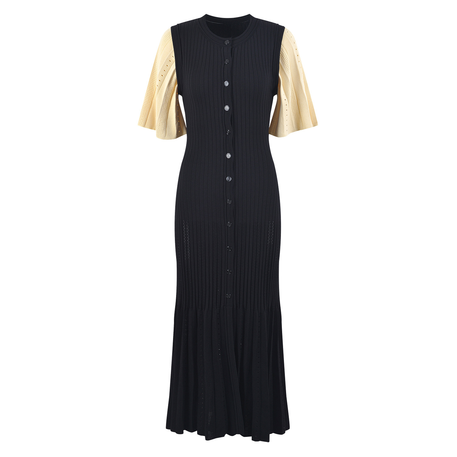 Women's Knit Dress Short-Sleeved Single-Breasted Slim Sweater Neck Natural Waist Long Maxi Casual Senior Sense Dress