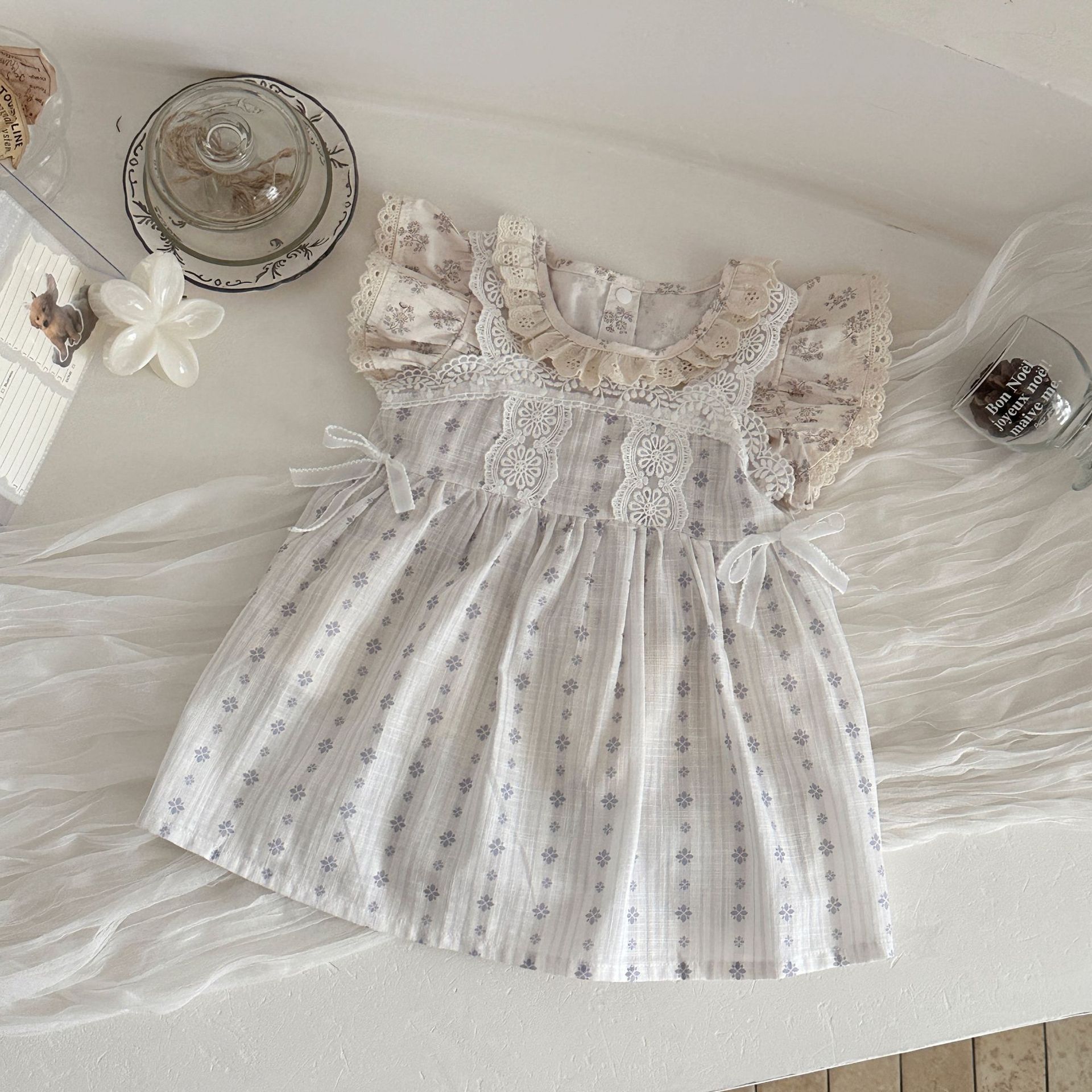 2026 INS Style Summer Infant and Toddler Clothes Vertical Stripe Small Flower Lace Camisole Dress Baby Girl Bow Strap Dresses