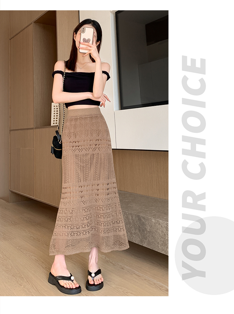 Women's Spring Summer A-Line Casual Breathable Natural Waist Midi Skirt Solid Lace Knitted Design Apricot Color Dushan