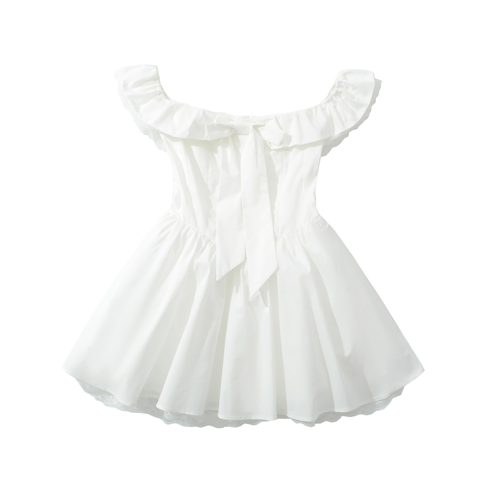 A Cute and Sweet Petite Dress with a One-shoulder Collar, a Cinched Waist, a Short Skirt with Lotus Lace Edges and a Puffy Skirt