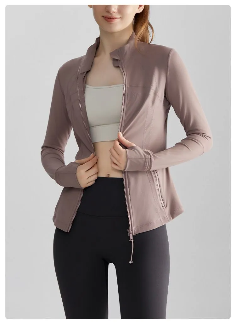 Women's Fashion Fitness Running Jacket - Stand-up Collar, Windproof, Zip-up, Slimming Fit with Pockets, Yoga Outerwear