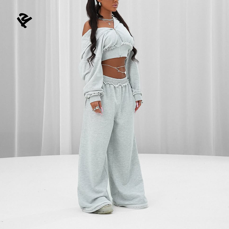 Plus Size Women's Sets Wholesale Streetwear Two Piece Cropped Zip up Hoodie and Oversize Joggers Set Curvy Women's Clothing