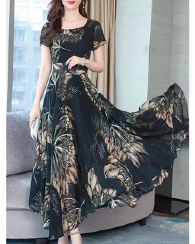 Cross-border Women's Summer Resort Dress Europe America-Regular Deep V Ruffled Floral Crocheted Knee-Length High Waist
