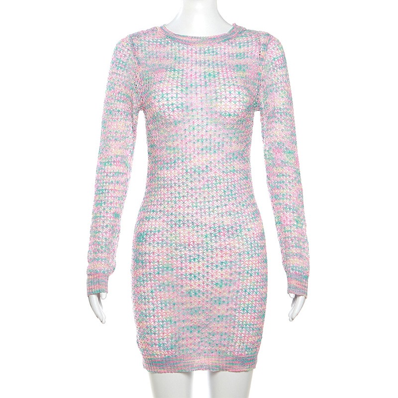 New Eco-Friendly Women's Sexy Simple Hollow Knitted Bodycon Mini Dress Long Sleeve Streetwear Patchwork Pattern Autumn Season