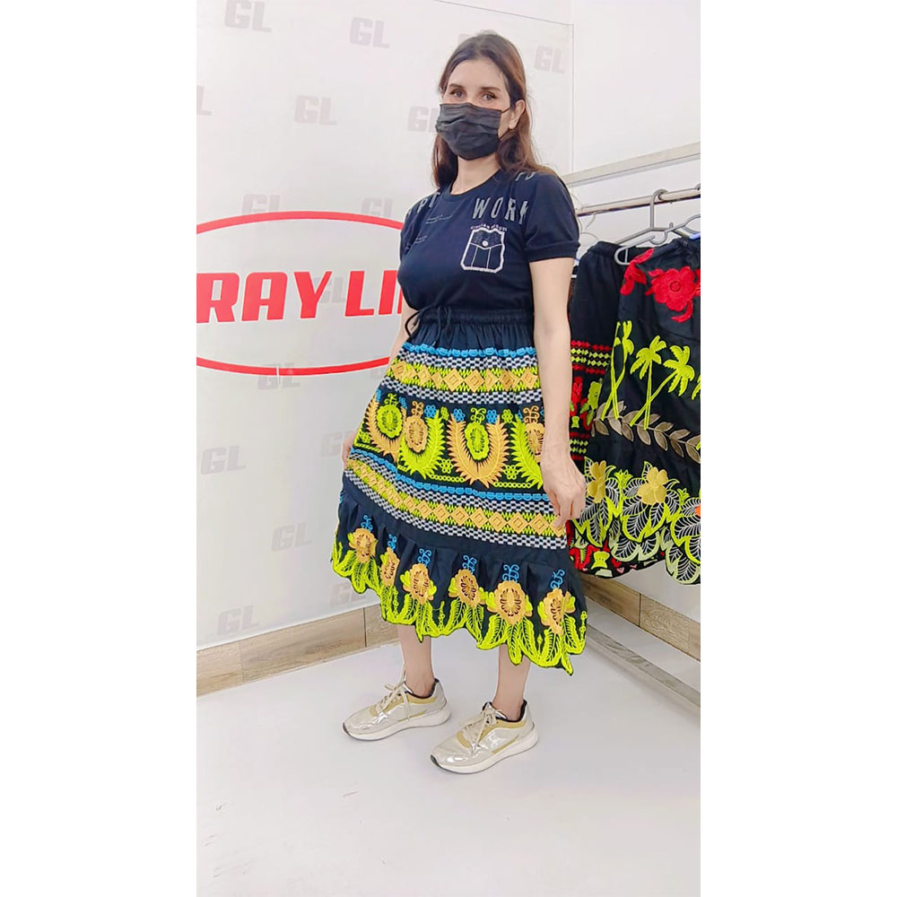 Women's Summer New Fashion High Street Elegant Natural Waist Color Blocking Cotton Mini Pleated Skirt Embroidery Plus Size