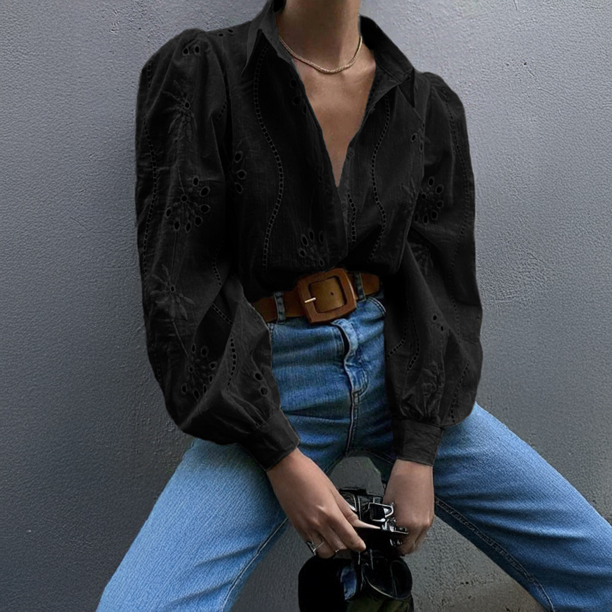 2026 Women's Loose Fashion Cotton Lace Top Spring Summer Bubble Sleeve Blouse Shirt Button up Tops